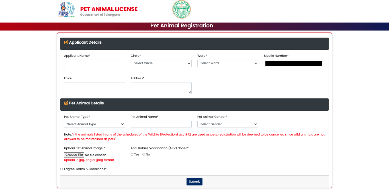 Pet Animal License Registration Form